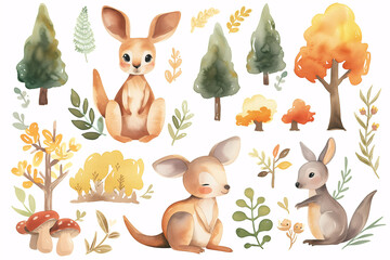 Fototapeta na wymiar A heartwarming watercolor set featuring adorable kangaroos with a mix of botanical elements, perfect for educational materials and nursery decor.