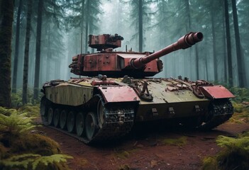 tank parked in a forest, with foliage growing around it