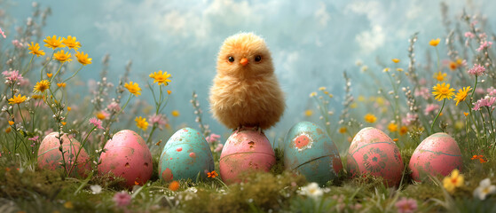 Chicken Perched on a Pile of Eggs