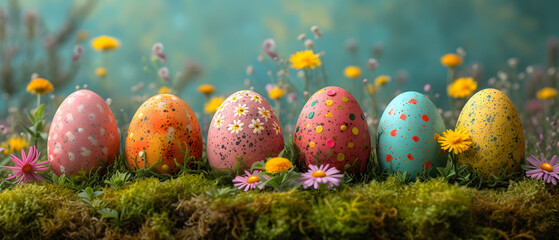 Fototapeta na wymiar Row of Painted Eggs on Lush Green Field