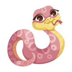 Cartoon cute pink snake isolated on white background. Little child snake character. Chinese horoscope zodiac sign, year of the snake 2025. Friendly character of smiling reptile. Vector illustration