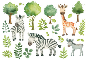This delightful watercolor collection showcases playful zebras and a giraffe among lush greenery, ideal for children's educational books and room decorations.