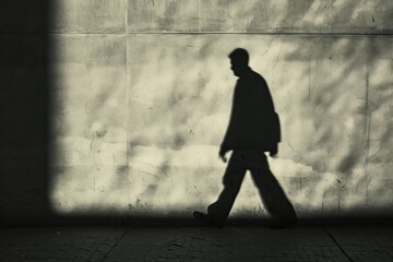 The shadow of a lone man stretches ahead on a textured surface, suggesting early morning or late afternoon wanderings