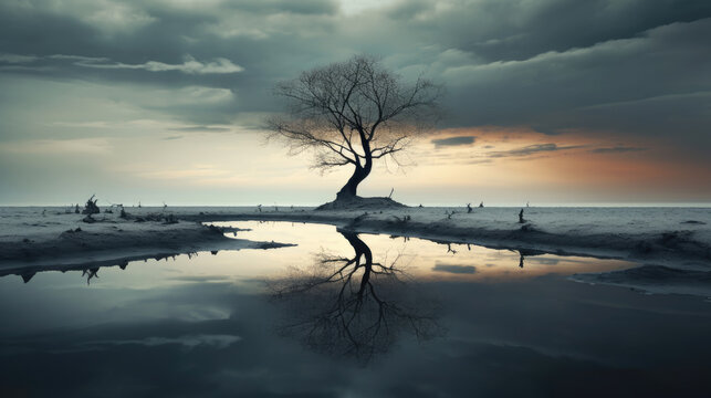 Colorful surreal tree and reflection at the waters edge, landscape photo