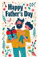 Playful father-child interaction depicted in a cheerful design.