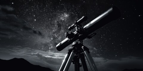 A black and white photo of a telescope on a tripod. Suitable for scientific or educational purposes