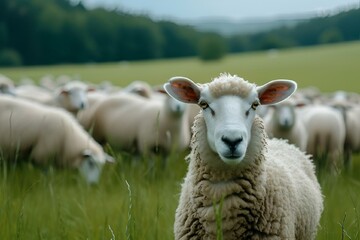 Fototapeta premium the sheep are standing in the grass looking at the camera