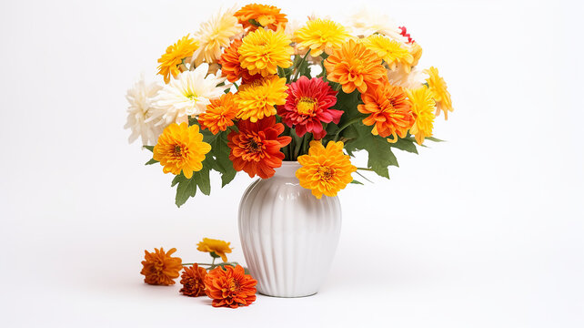 vase with autumn multicolored flowers isolated on a white background