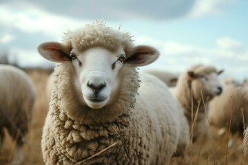 Fototapeta premium a sheep looking directly into the camera in a field of grass