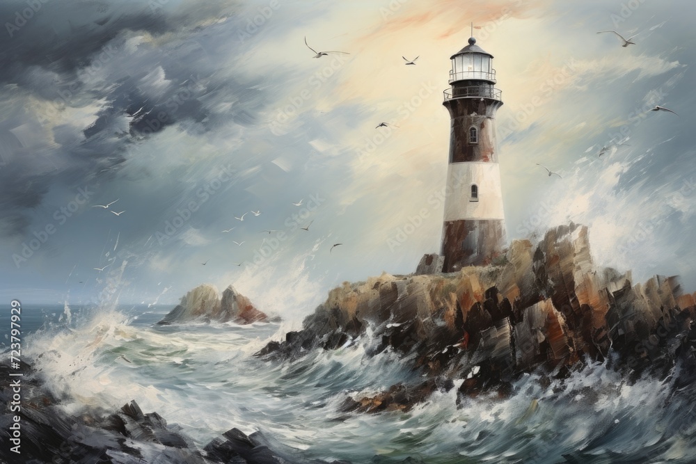 Poster a painting of a lighthouse standing tall in the middle of the ocean. this image can be used to depic