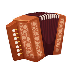 Accordion musical instrument isolated on white background. Flat style design icon. Classical musical equipment brown wooden accordion. National acoustic sound for leisure. Vector illustration
