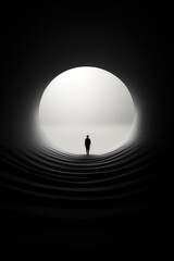 Silhouette of person walking to the light at the end of the dark big tunnel