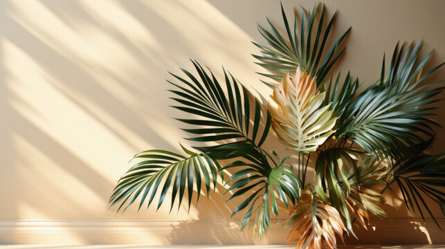 Tropical palm leaves on beige wall background with shadows .
