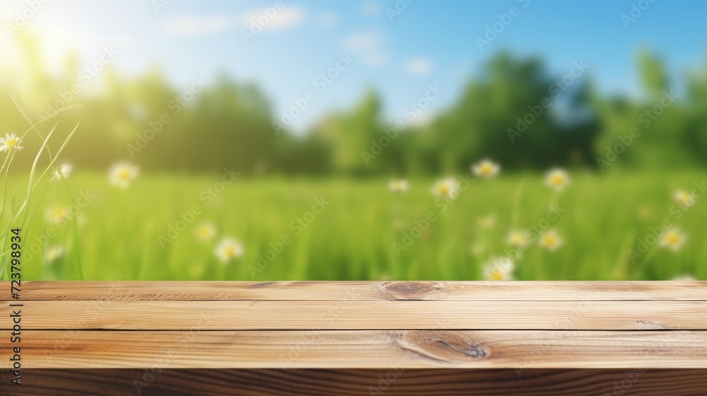 Aufkleber a wooden table with a picturesque view of a field filled with vibrant daisies. perfect for adding a 