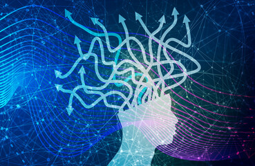 Thinking process. Arrow lines from human head. Business solution, possible idea variant, various flexible What If problem solving ways