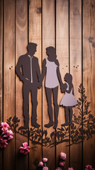 Happy family on wooden background. Mother, father and daughter holding hands .