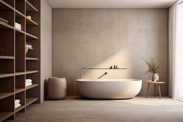 Fototapeta na wymiar Linen color spacious minimal design luxury decorated bathroom interior