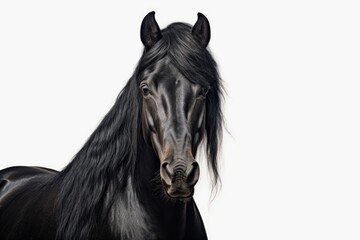 A black horse with long hair standing in front of a white background. Suitable for equestrian-related designs and concepts