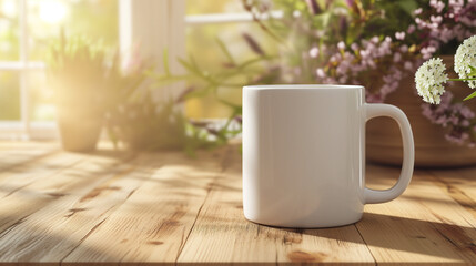 White coffee cup on wooden table in front of window with flowers.