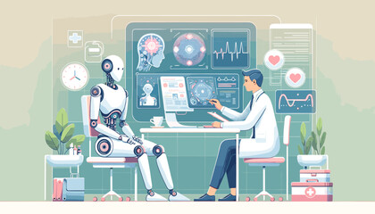 Artificial intelligence is helping to diagnose and treat patients in the medical field concept Image.  Vector Illustration.