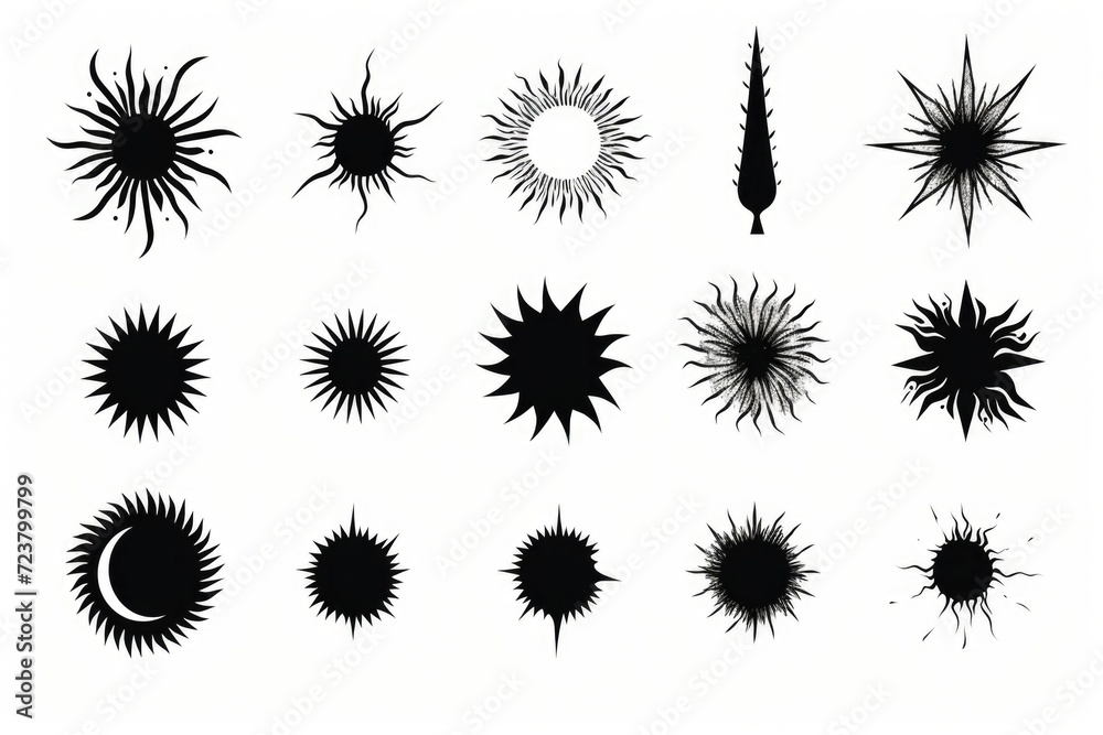 Poster a collection of black and white starbursts on a white background. perfect for adding a touch of eleg