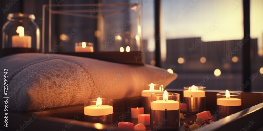 Aufkleber Candles are lit on a tray placed in front of a window. This image can be used to create a cozy atmosphere or for relaxation purposes