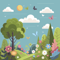 Fototapeta na wymiar Spring landscape green meadow with butterflies on sky. Colorful wild flowers blooming. Artistic drawing with green forest and natural flora. Scenic background outdoor countryside. Vector illustration