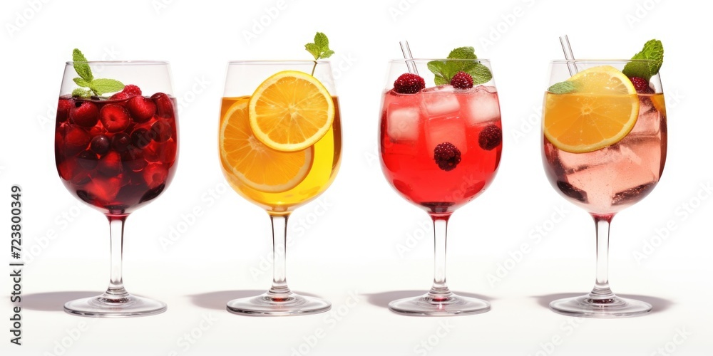Poster Various types of drinks are displayed in a row of glasses. This versatile image can be used to showcase a variety of beverages or to illustrate a menu of drink options