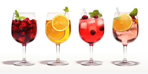 Various types of drinks are displayed in a row of glasses. This versatile image can be used to showcase a variety of beverages or to illustrate a menu of drink options
