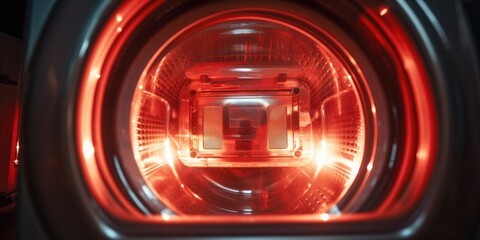 Red light illuminated inside a machine. Can be used to depict power, technology, or warning signs. - obrazy, fototapety, plakaty