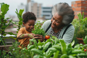 Grandmother and her grandson with plants in the rooftop garden. Happy smiling little boy and senior woman gardening together - obrazy, fototapety, plakaty