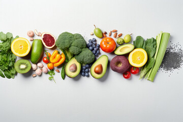 Composition with fresh vegetables and fruits on white background, top view