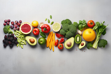 Healthy food background. Fresh fruits and vegetables on grey table, top view