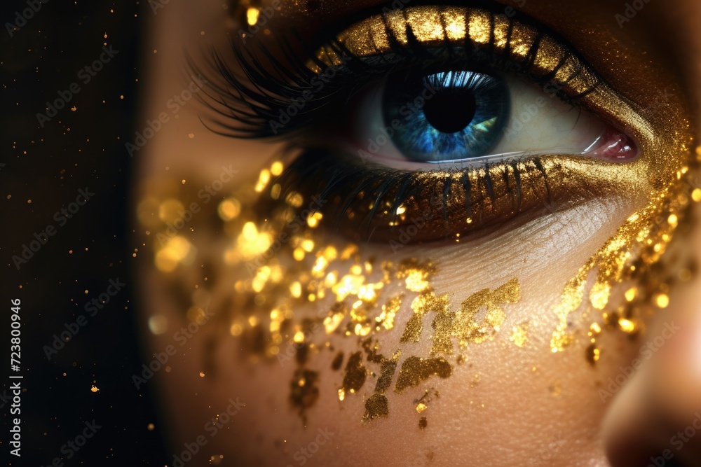 Poster a close-up view of a person's eye with a stunning gold paint design. perfect for adding a touch of g