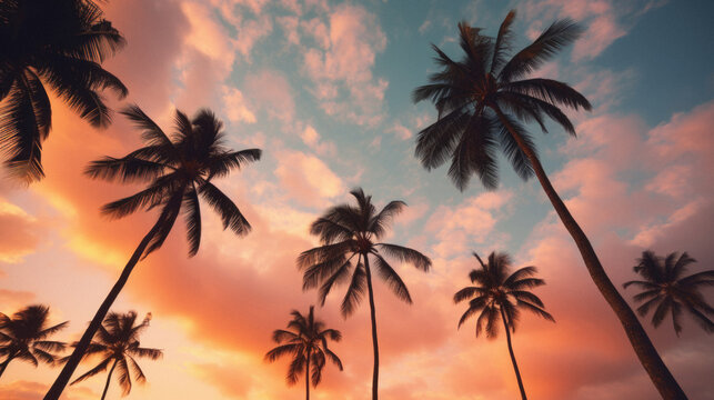 Silhouette of coconut palm tree on sunset sky background - Vintage Filter