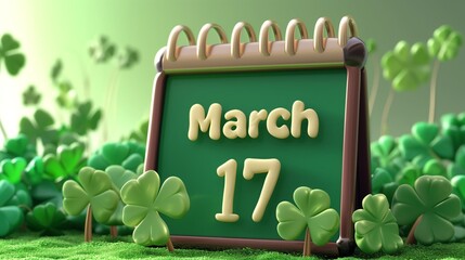 A 3D cartoon-style calendar with the inscription March 17th on a green background with lots of clover leaves in honor of St. Patrick's Day - obrazy, fototapety, plakaty