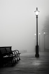 A black and white photo showcasing a park bench and a street light. This image can be used to...