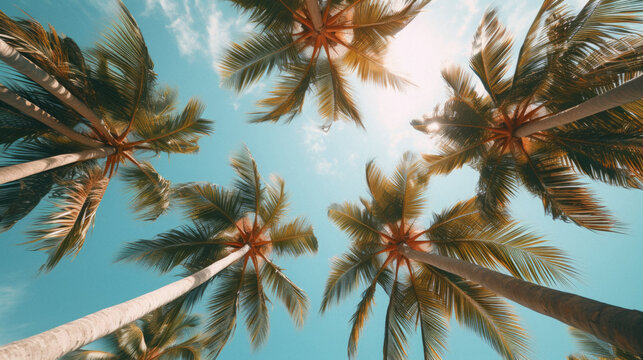 Coconut palm trees with blue sky background. Vintage toned