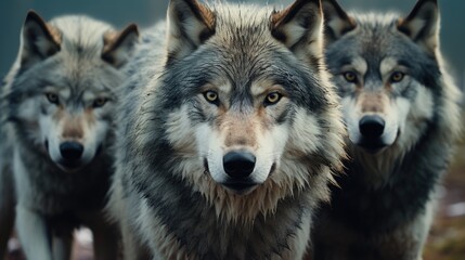 Three gray wolves standing together in a powerful display of unity. Perfect for illustrating teamwork, strength, and the beauty of nature. © Fotograf