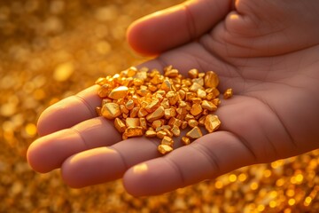 Naklejka premium A hand holding tiny nuggets of gold extracted from the bowels of the earth or by washing in water, mining gold stones