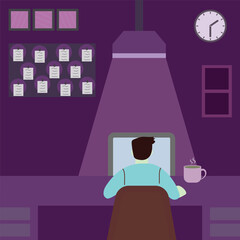 Vector cartoon background of overtime at dark room