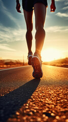 Runner athlete running on road at sunrise. woman fitness jogging workout wellness concept .