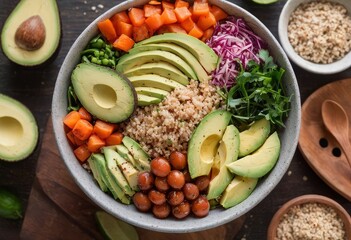 Healthy salad bowl with quinoa, tomatoes, chicken, avocado, lime and mixed greens, lettuce, parsley on wooden background top view. Food and health.
