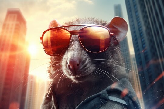 cool rat with sunglasses on city background on suny day