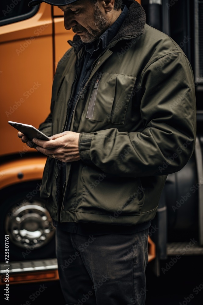 Poster A man stands in front of a truck, looking at his cell phone. This image can be used to depict distracted driving or a person checking their phone while on the road