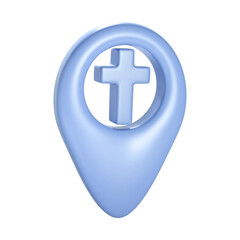 Christian 3d blue cross geotag gps icon. Element for church place, religious building address. Object transparent