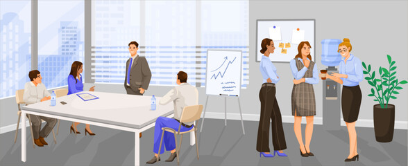 Staff meeting at long desk on presentation in office room. Manager stands near financial diagram. Team work on conference. Business training, discussion, brainstorming in cabinet. Vector illustration - obrazy, fototapety, plakaty
