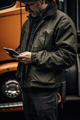 A man stands in front of a truck, looking at his cell phone. This image can be used to depict distracted driving or a person checking their phone while on the road