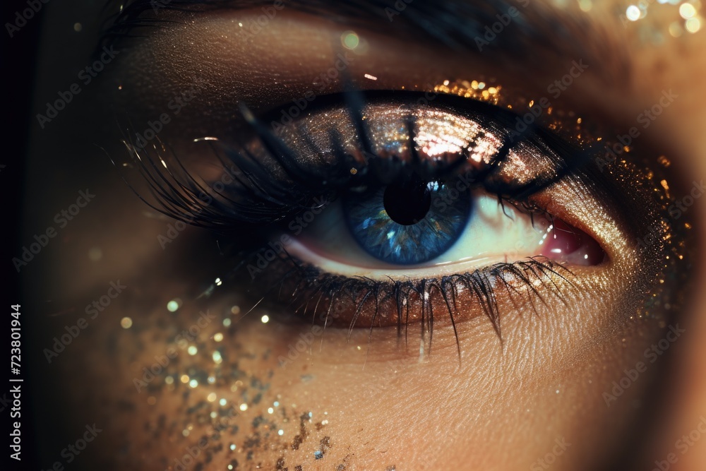 Poster A close-up shot of a person's eye with shimmering glitter. Perfect for adding a touch of sparkle to any project