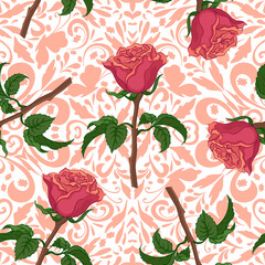 Seamless Pattern, Roses Flowers and Leaves on Floral Background. Vector